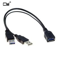 Black USB 3.0 Female to Dual USB Male Extra Power Data Y Extension Cable for 2.5 quot; Mobile Hard Disk 30CM 1FT