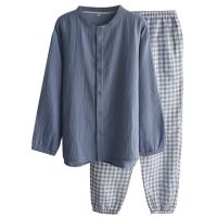 MUJI MUJI Japanese plaid pajamas for men in spring autumn and summer pure cotton gauze thin long-sleeved round neck unprinted style home wear suit