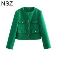 NSZ Women Green Cropped Tweed Jacket Coat Elegant Chic Fashion Ladies Slim Female Small Fragrance Short Outerwear Spring