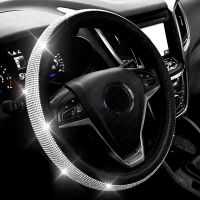 Diamond Leather Steering Wheel Cover with Bling Bling Crystal Rhinestones Universal Fit 15 Inch Car Wheel Protector