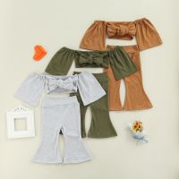 Toddler Kids Baby Girls 2 Pieces Outfit Solid Color Tie-Up Bowknot Off-Shoulder Crop Tops Flare Pants Set