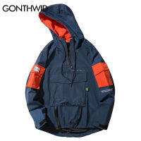 GONTHWID Hip Hop Windbreaker Track Hooded Jacket Streetwera Mens Vintage Color Block Patchwork Waterproof Pullover Coat 2021