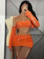 ▪ Orange Tassel Knitted Dress Set Women Fashion Fashion Strapless Cropped Tops and Mini Skirt Outfit Sexy Club Party Two Piece Set