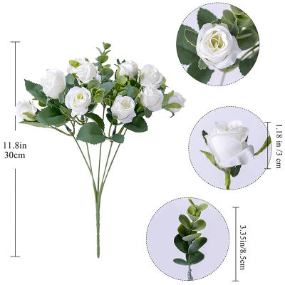 ใบยูคาลิปตัสสีขาวกุหลาบผ้าไหมดอกไม้ประดิษฐ์ช่อดอกไม้ดอกไม้ปลอมสำหรับงานแต่งงานงานเลี้ยง