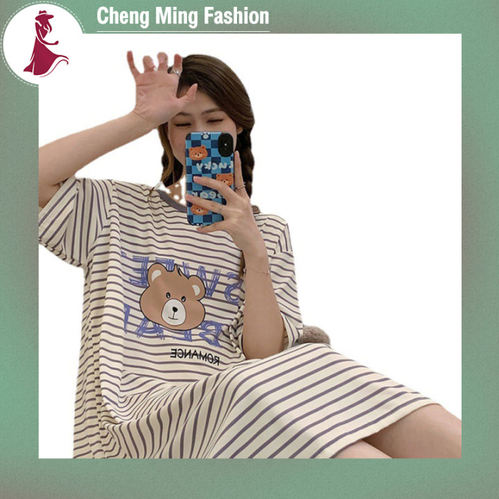 cheng-ming-ชุดนอนแขนสั้นสำหรับผู้หญิง-ชุดนอนชุดราตรีลายทางใส่สบายเหมาะกับผิวสวมใส่ฤดูร้อนแฟชั่น