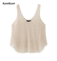 KUMI เสื้อกั๊กสันทนาการคอ V สำหรับผู้หญิง สีทึบไม่มีแขนฤดูร้อน