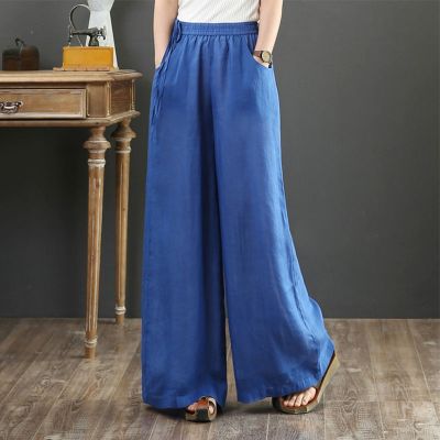 Vintage Linen Elastic Waist Wide Leg Pants Women Long Trousers Summer Solid Color Casual Loose Pants Female Boho Clothes