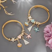 Boho Gold Color Stainless Steel Bracelets For Women Vintage Starfish Shell Triangle Crystal Charm Bracelet Bangle Punk Jewelry