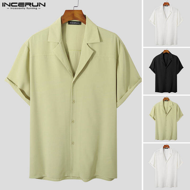 incerun-เสื้อเบลาส์คอปกสำหรับใส่ในวันหยุดเสื้อติดกระดุมหลวมๆของผู้ชายแขนสั้น