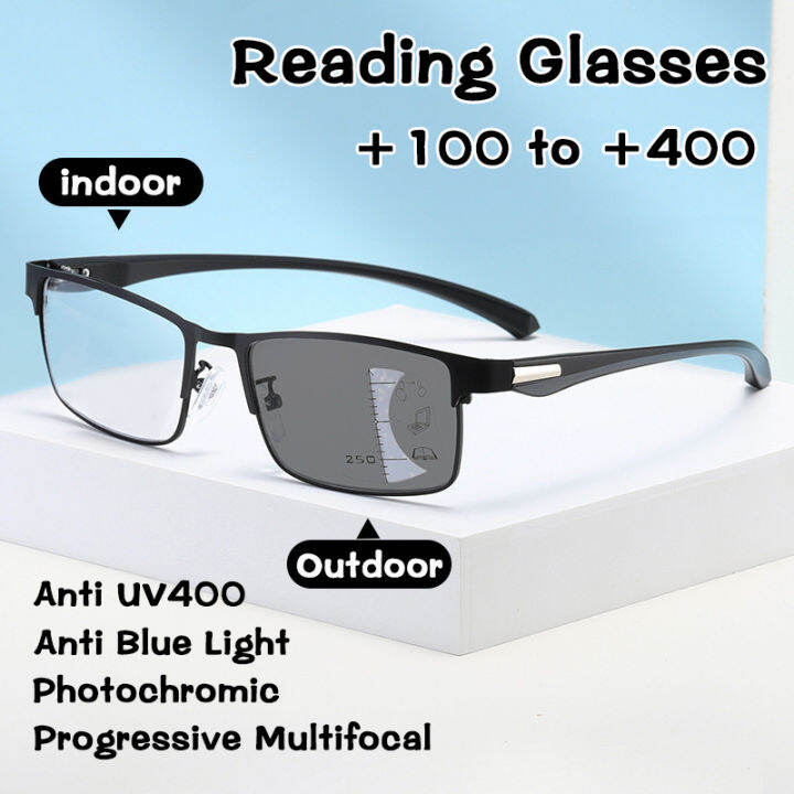 4 in 1 Photochromic Progressive Multifocal Reading Glasses for Men Anti Blue Light Reading