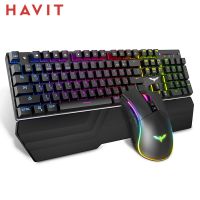 HAVIT แป้นพิมพ์เชิงกลสำหรับเล่นเกมปุ่ม104ปุ่มแบ็คไลท์ RGB ชุดเมาส์เล่นเกมส์แบบมีสายสีน้ำเงิน/สวิทช์สีแดงที่พักแขนรุ่น Ru/de/ ภาษาอังกฤษ