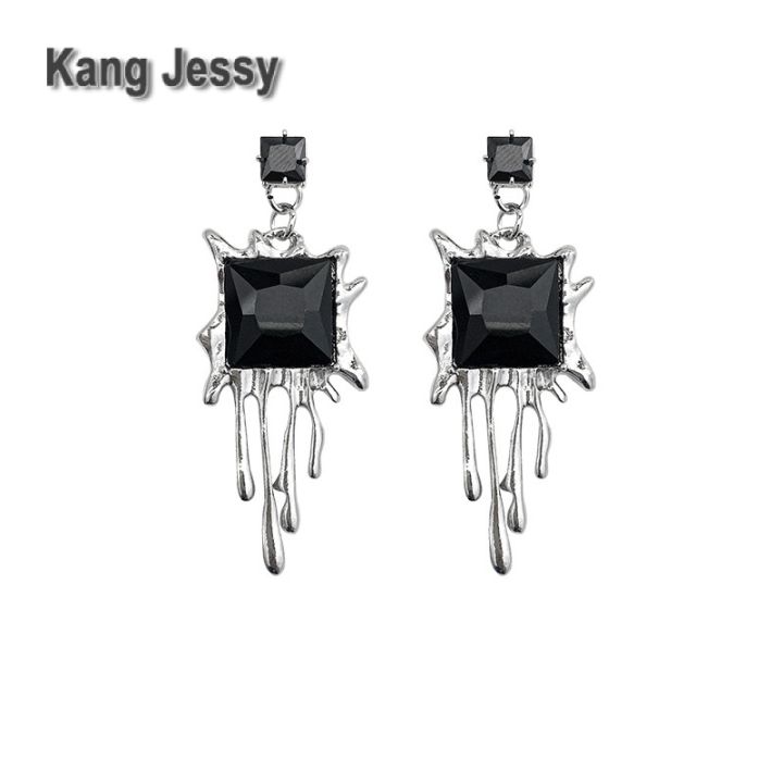 kang-jessy-ต่างหูรูปหยดน้ำลาวาทรงเหลี่ยมเข็มเงินประดับเพชรสไตล์ยุโรปและอเมริกาต่างหูแนวฮิปฮอปอินเทรนด์มีสไตล์ต่างหูผู้หญิง