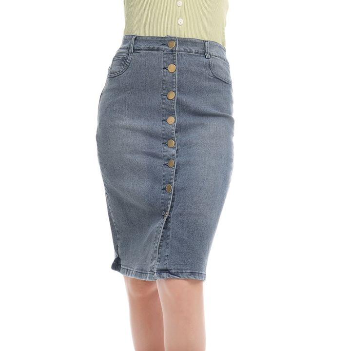 ขายดีที่สุด-ioztt2023-ผู้หญิงแฟชั่นเอวสูงผ้ายีนส์กางเกงยีนส์ด้อย-b-odycon-ยาวกระโปรงปุ่มกระเป๋าแยกผ้าพันแผลกางเกงยีนส์กระโปรง