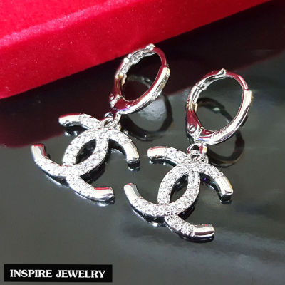 Inspire Jewelry ,ต่างหูแบบห่วง ฝังเพชรCZ งานจิวเวลลี่ หุ้มทองคำขาว สวยหรู (สำหรับคนแพ้ง่าย) ขนาด 1.5 x  2.5 CM พร้อมกล่องกำมะหยี่