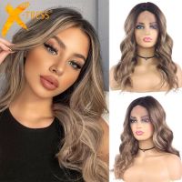 Ombre Brown Natural Wave Synthetic Lace Front Wigs For Women Black Blonde Shoulder Length Heat Resistant Middle Part Wig X-TRESS [ Hot sell ] Decoration Center