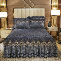 Luxury Crystal Velvet Bedding Cover Quilted Lace Fitted Bed Sheet 3 Side Coverage Drop Dust Ruffle Bed Skirt