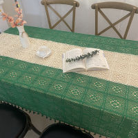 【NEW】【Penghantaran Privasi Tinggi】 American-Style Pastoral Crochet Tablecloth Hollowed Beige Green Stitching Cotton Tablecloth Rectangular Coffee Table Cloth Cross-Border