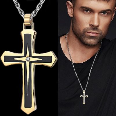 Fashionable Double-layer Gold-plated Zircon Cross Necklace Jesus Cross Pendant Hip-hop Necklace for Men Jewelry Anniversary Gift