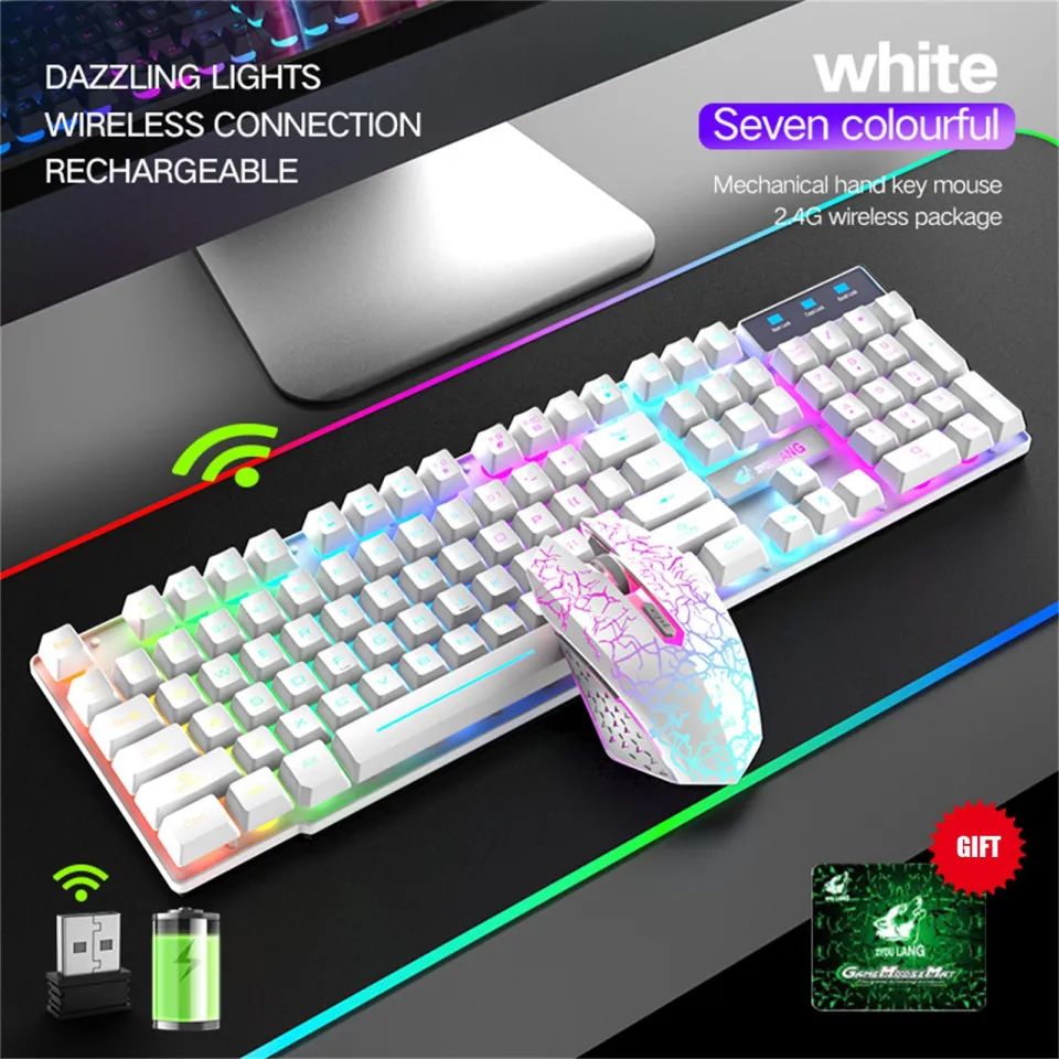 Wireless Gaming Keyboard and Mouse Combo with Mouse Pad, Rainbow LED  Backlit Rechargeable Battery Mechanical Ergonomic Feel Dustproof 7 Color  Backlit Mute Mice for Computer for Mac for PC Gamer 