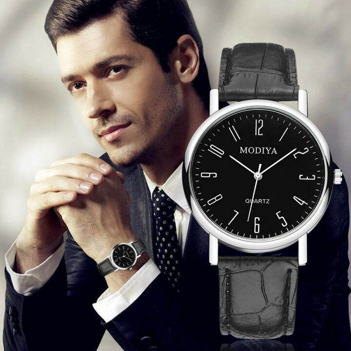 Simple Quartz Men's Watch Black Leather Strap Arabic Numeral Gentleman
