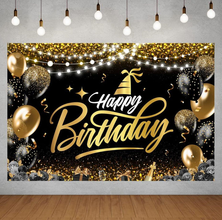 Happy Birthday Backdrop Decoration Gold and Black Birthday Backdrops ...