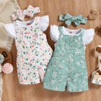 Infant Baby Girls 3PCS Pants Suit, Fly Sleeve Plain Crew Tees + Floral Adjustable Straps Short Suspender Pants + Bow Headband  by Hs2023