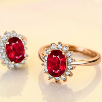 แฟชั่นดอกไม้ฝังแหวนทัวร์มาลีนสีแดงคริสตัลสีเปิดแหวนเงินปรับได้สำหรับสุภาพสตรี QBT0