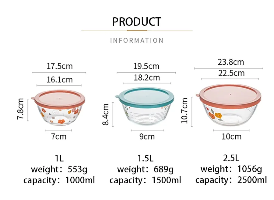 1L 1.5L 2.5L Tempered Glass Bowl With Lid Scale For Making Dough Kitchen  Fruit Salad Bowl Flour Baking Mixing Bowl