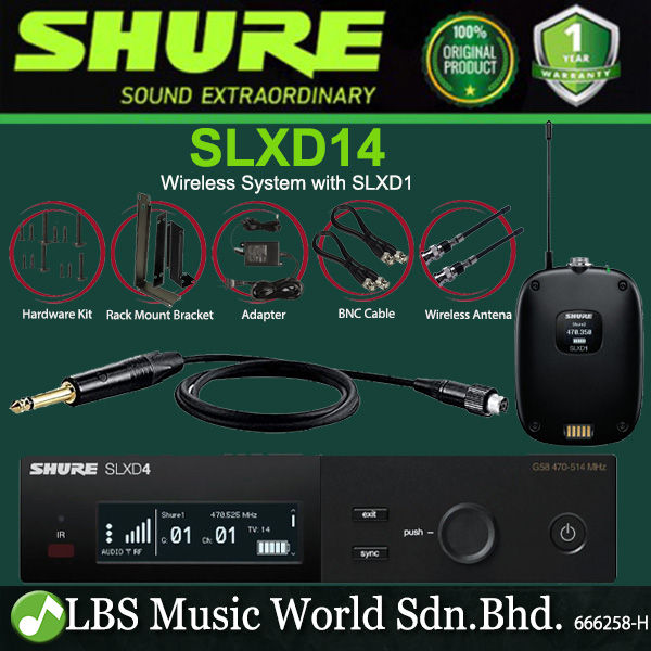 Shure SLXD14 Wireless Mic System Instrument Cable WA305 with SLXD1