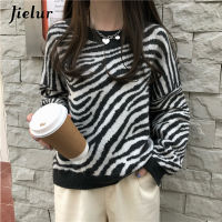 Jielur O-Neck Womens Sweater Loose Pullovers Ladies Soft Striped Zebra Chic Korean Knitted Sweaters Casual Tops Winter Harajuku