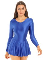 Womens Solid Color Long Sleeve Ruffled Dress Round Neck Leotard Dresses Sports Swimming Clothes