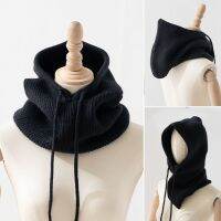 [NEW] 2022 Unisex Knitted Head Hood Faux Cashmere Hooded Neck Collar Cap Head Drawstring Thick Beanie Men amp;Women Adjustable Elastic Hat