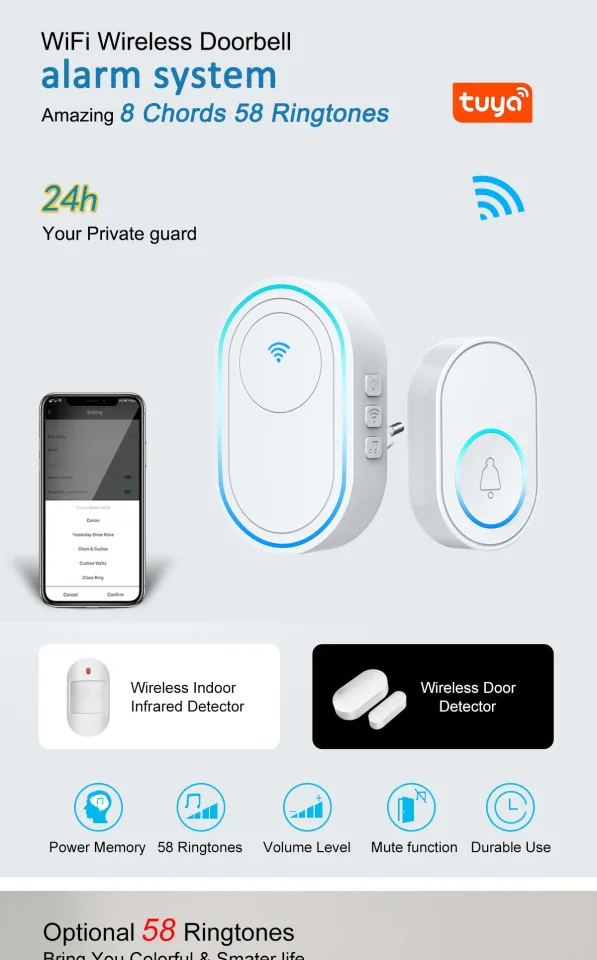 Wireless Doorbell WiFi Alarm System Intelligent Wireless Doorbell Strobe  Siren Tuyasmart app 58 sound 433MHz wireless detectors