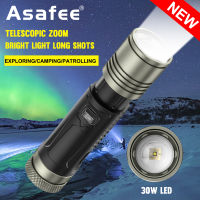 Asafee 1000LM W760B 30W LED white ultra-bright outdoor flashlight using 26650 battery 3 gear telescopic zoom press switch IPX5 waterproof