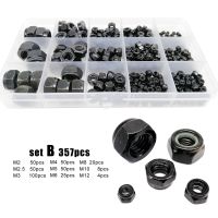 162/357pcs M2 to M12 DIN985 Black Carbon Steel Hexagon Nylon Insert Lock Nut Assortment Kit Hex Self Locking Nylock Locknut Set