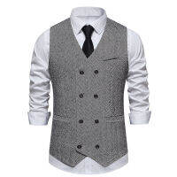 Vintage Herringbone T ชุดเสื้อกั๊กผู้ชาย2023ยี่ห้อ Casual Double Breasted Western เสื้อกั๊ก Waistcoat Men Party ธุรกิจพรหม Vests