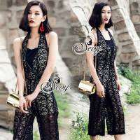 Sevy See-Through V-Set Neck Lace Jumpsuit มีซัพ