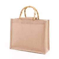 แบบพกพา Burlap Jute กระเป๋าช้อปปิ้งกระเป๋าถือ Bamboo Loop Handles Reusable Grocery Bags