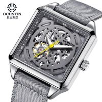 ZZOOI OCHSTIN Automatic Mechanical Watch Leather Strap Men Fashion Sports Skeleton Gray Square Waterproof Business Tourbillon Watches