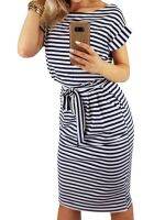 【CW】☏✓  Short Sleeve O-Neck Dresses 2021 Striped Fashion Knee-length Vestidos