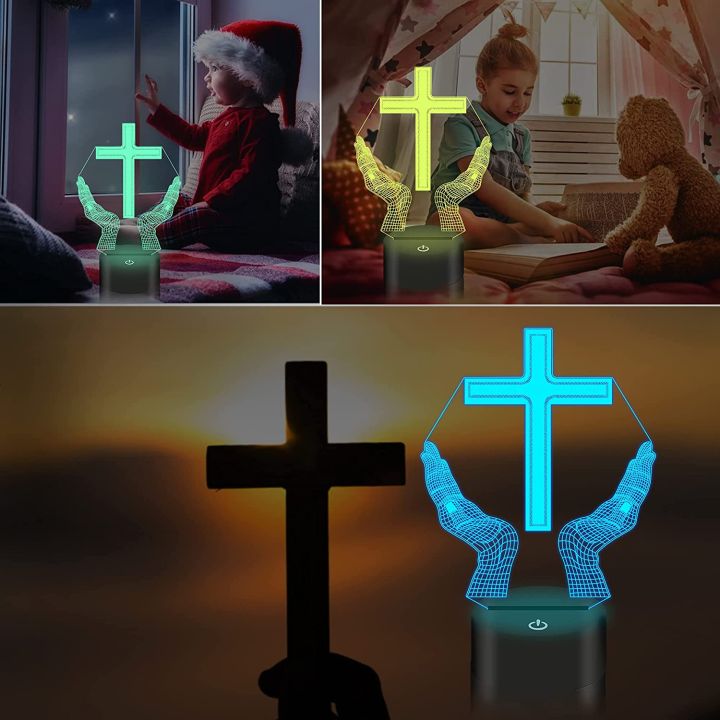 พระเยซูข้าม3d-led-ไฟกลางคืนสำหรับเพื่อนคริสต์มาสอีสเตอร์ประดับห้องของขวัญ-crucifix-ออปติคอลภาพลวงตาโคมไฟตั้งโต๊ะกลางคืน
