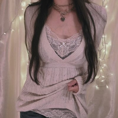 Fairycore ผู้หญิง Y2K วินเทจแนวกรันจ์เสื้อกันหนาวแบบถักชิค90S เสื้อถักแนววินเทจเสื้อกันหนาวสวมศีรษะคอสวยงามเสื้อกันหนาวน่ารักย้อนยุค