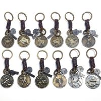 ZORCVENS New Fashion Genuine Leather Weave Zodiac Sign Keychain Punk Vintage 12 Constellation Key Ring for Men Women