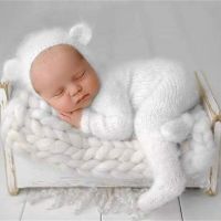 2pcs Newborn Photography Props Baby Boys Girls Crochet Costume Outfits  Mohair Bear Hat with Footed Romper Bodysuit Sets  Packs