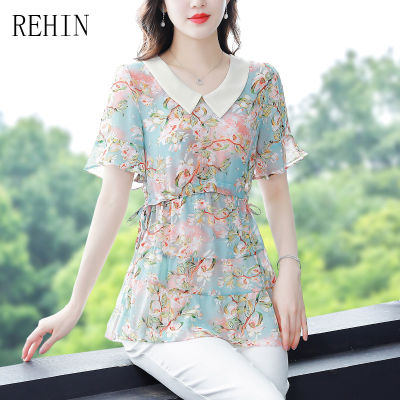 REHIN เสื้อสตรีฤดูร้อนใหม่แขนสั้นเสื้อคอปกตุ๊กตาอายุท้าทายดอกไม้พิมพ์พลัสขนาดเสื้อชีฟอง M-4XL