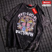 เสื้อยืดแฟชั่น ฟอกสี ลายผีเสื้อ BUTTERFLY ANTI-SOCIAL