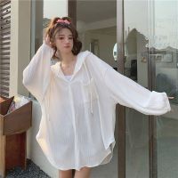 CODDDDGRYTRY White long-sleeved sunscreen dress womens summer 2023 new style medium-long style hooded loose cardigan thin coat