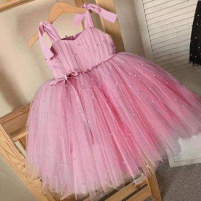 ✉✒◕ Summer Girl Tulle Dress Princess Party Tutu Fluffy Pearl Dress Kids Wedding Evening Gown Children Clothing Baby Clothes Vestidos