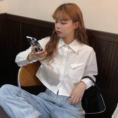 ‘；’ MEXZT Fashion Korean Pocket Cropped Blouse Women Casual Preppy Style Long Sleeve Short Shirt Fall Solid White All-Match Y2k Tops