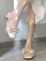 hot【DT】 Mary Pumps Bow Knot Design Toe Ankle Strappy Fashion Med Heeled Ballet Shoes